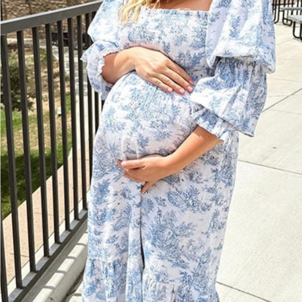 Blue and White Floral Maternity Dress